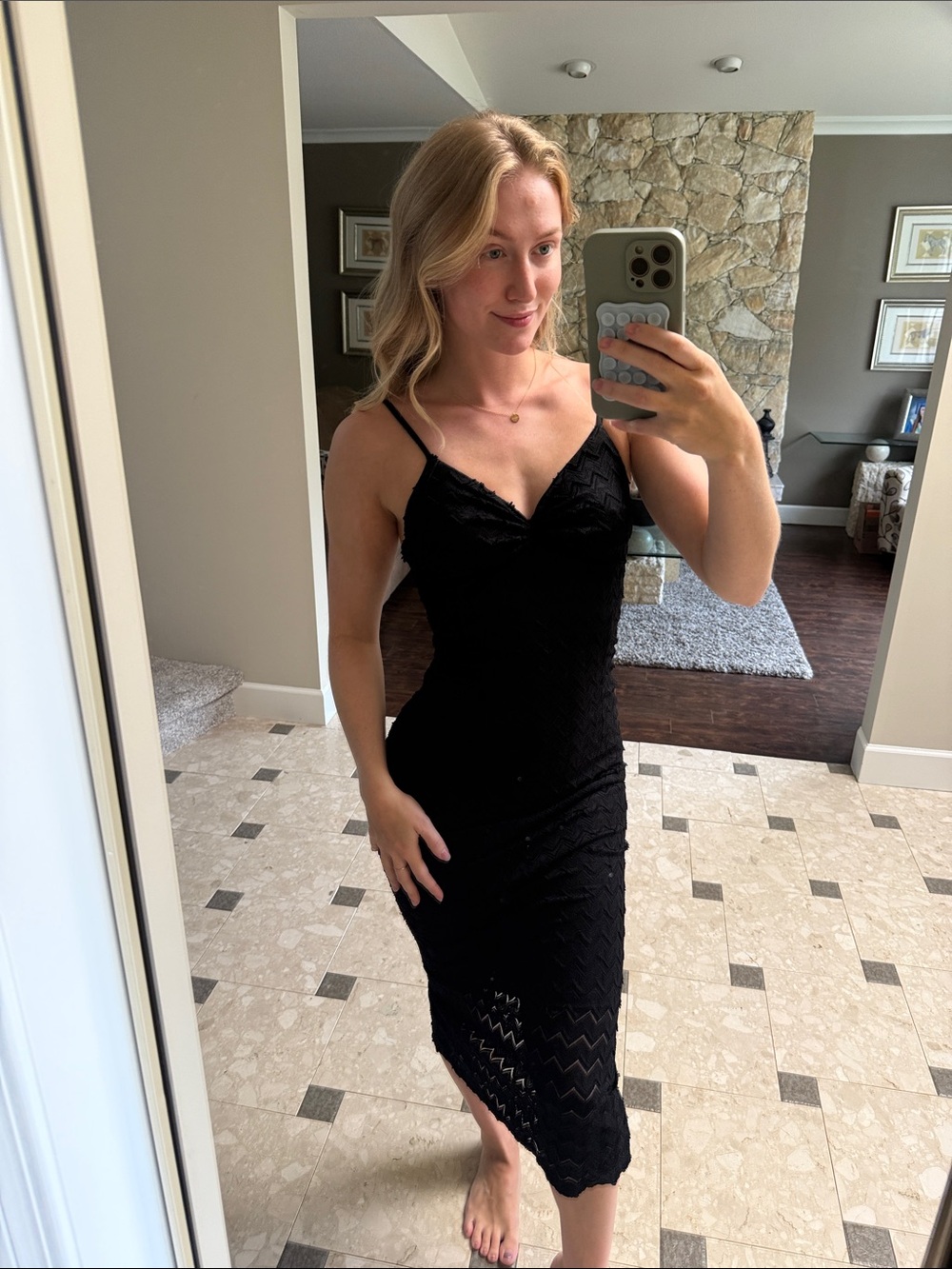 Spaghetti-Strap Black Lace Midi Dress
